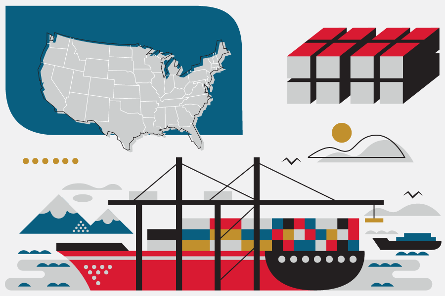 Freight ship and map of the US representing drayage